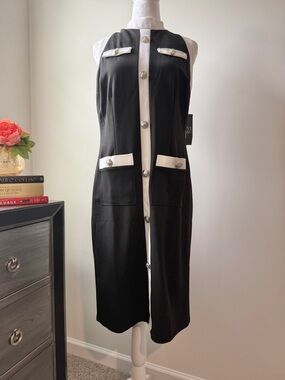 NWT Black Sleeveless Midi Dress with White Trim and Button Accents